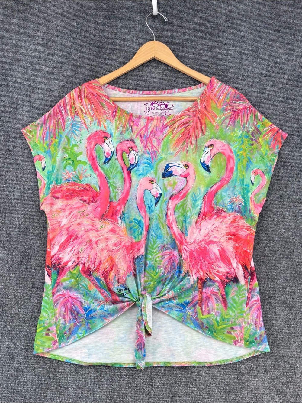 Leoma Lovegrove Art To Wear Tropical Flamingo Top Cap Sleeve Tie Front Women’s L